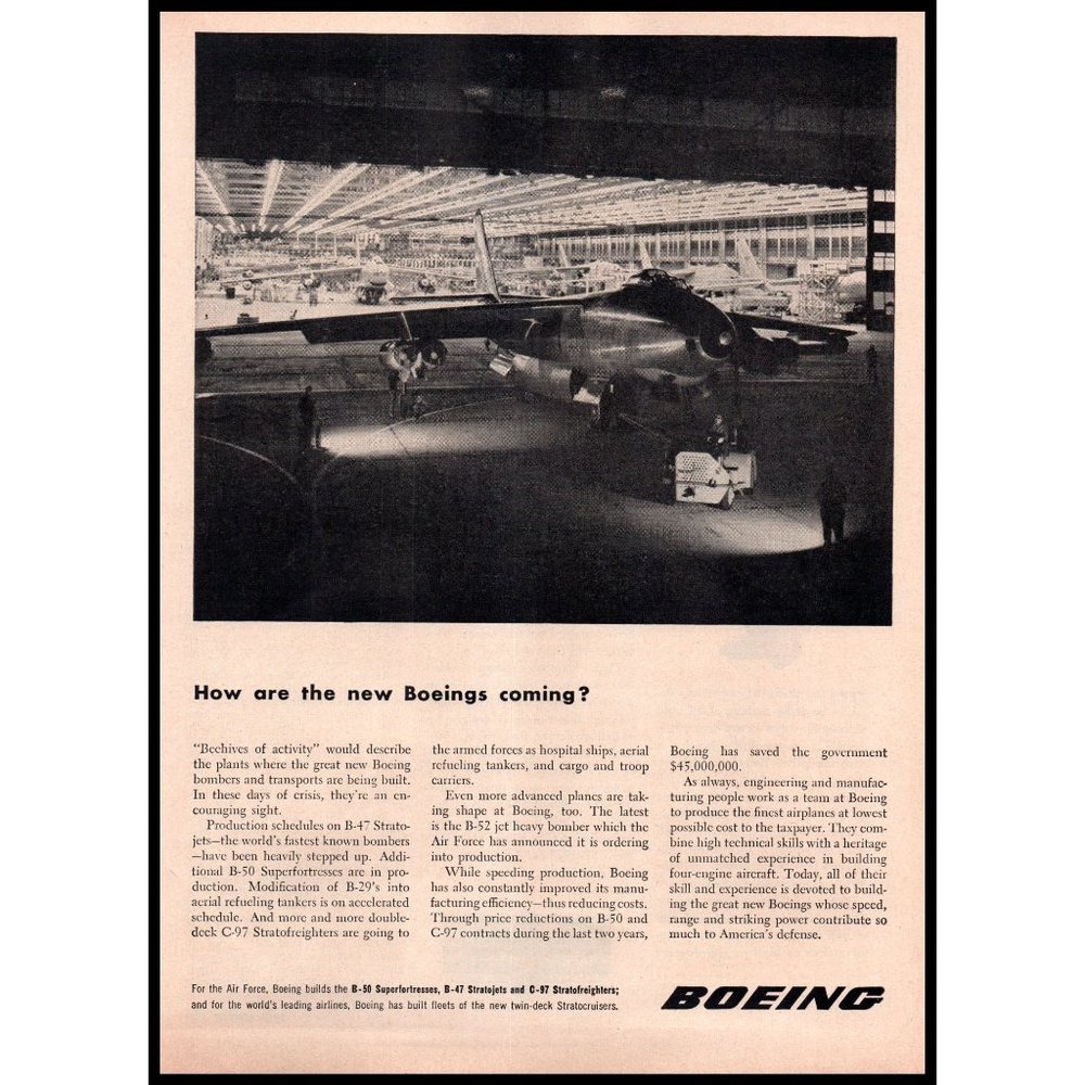 1951 Boeing B-47 Stratojet Vintage Print Ad Stratojets Factory Hangar Wall Art